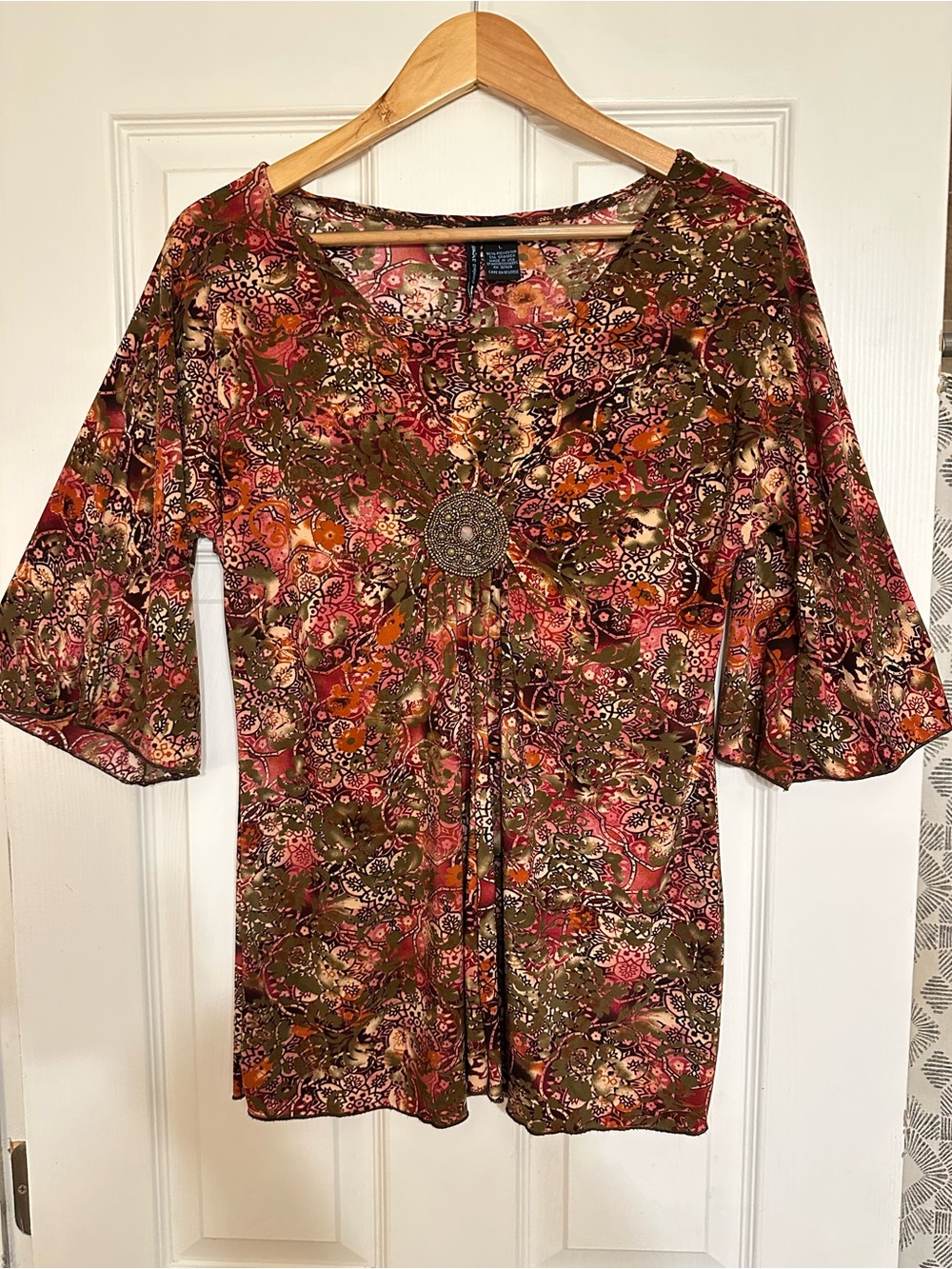 VTG Women’s Floral Beaded Bell Sleeve Blouse 3/4 Sleeve Boho Chic Y2K Artsy L